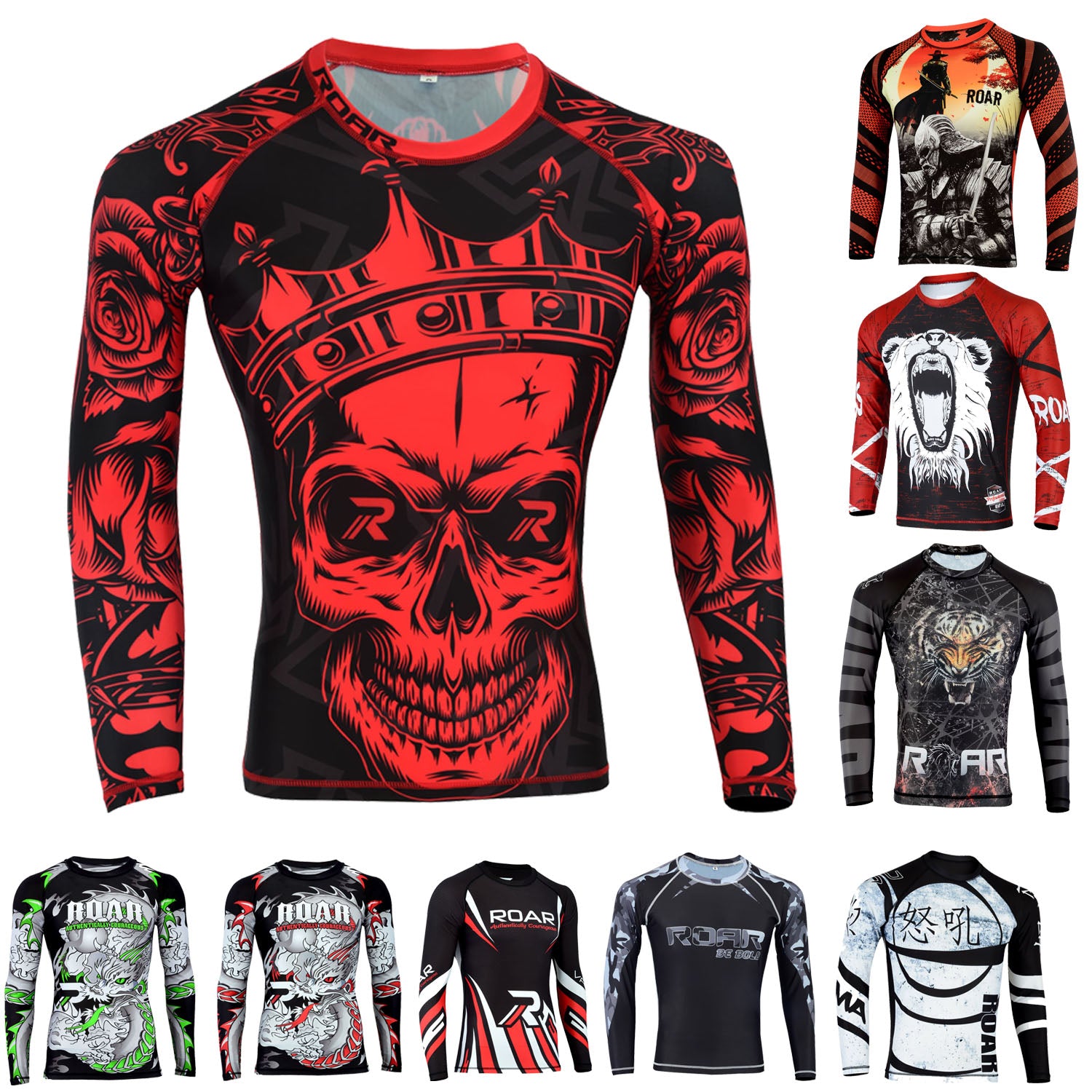 fight gear bjj Roar MMA Rash Guard BJJ Long Sleeve Compression Fight Gear Shirt No Gi Skull / Extra large