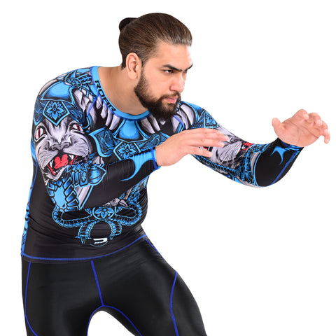 ROAR MMA Cat-Blu Rash Guard Fight Training Gym Fitness Full Sleeve Workout Shirt