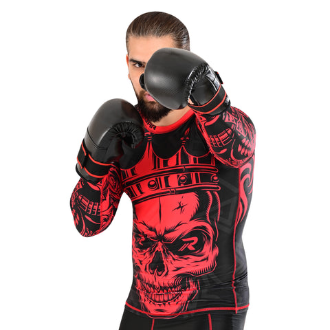 ROAR MMA Red Skull Rash Guard Fight Training Gym Fitness Full Sleeve Workout Shirt