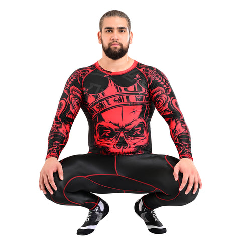 ROAR MMA Red Skull Rash Guard Fight Training Gym Fitness Full Sleeve Workout Shirt